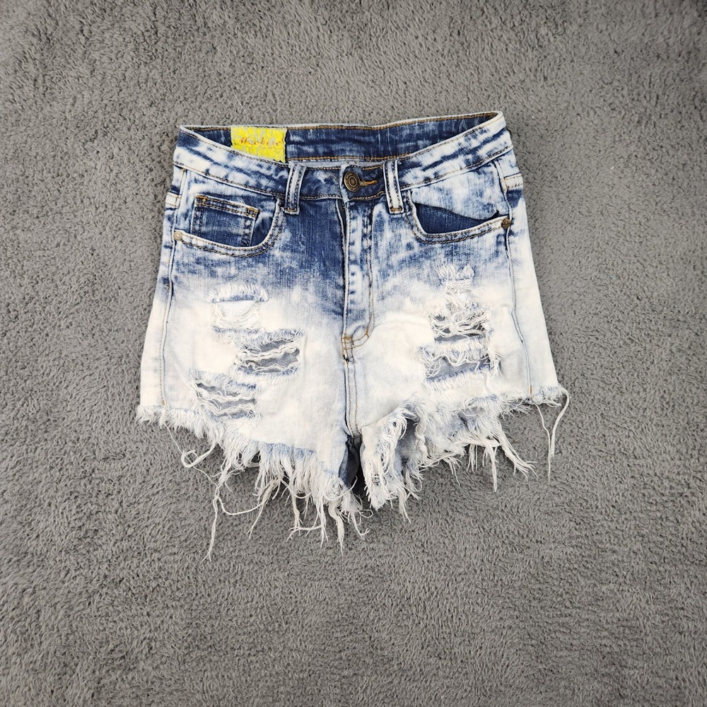 Machine Denim Shorts‎ Womens 28 Mid Rise Distressed Stretch Acid Wash Cut Offs